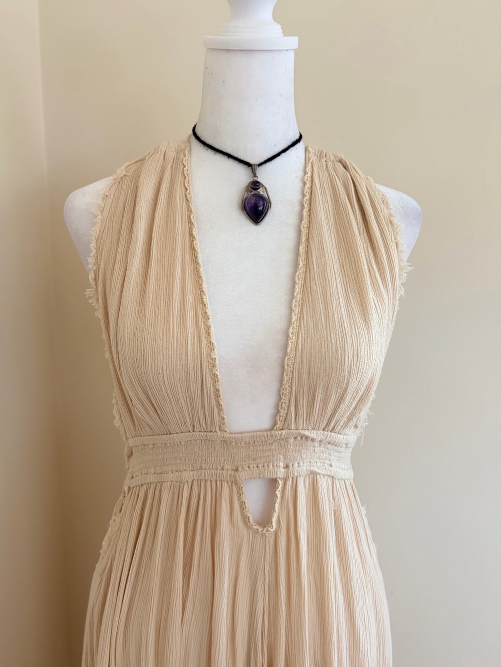 Free People Look Into The Sun Maxi Dress Free-est boho hippie flowy tan cream M - Picture 10 of 16